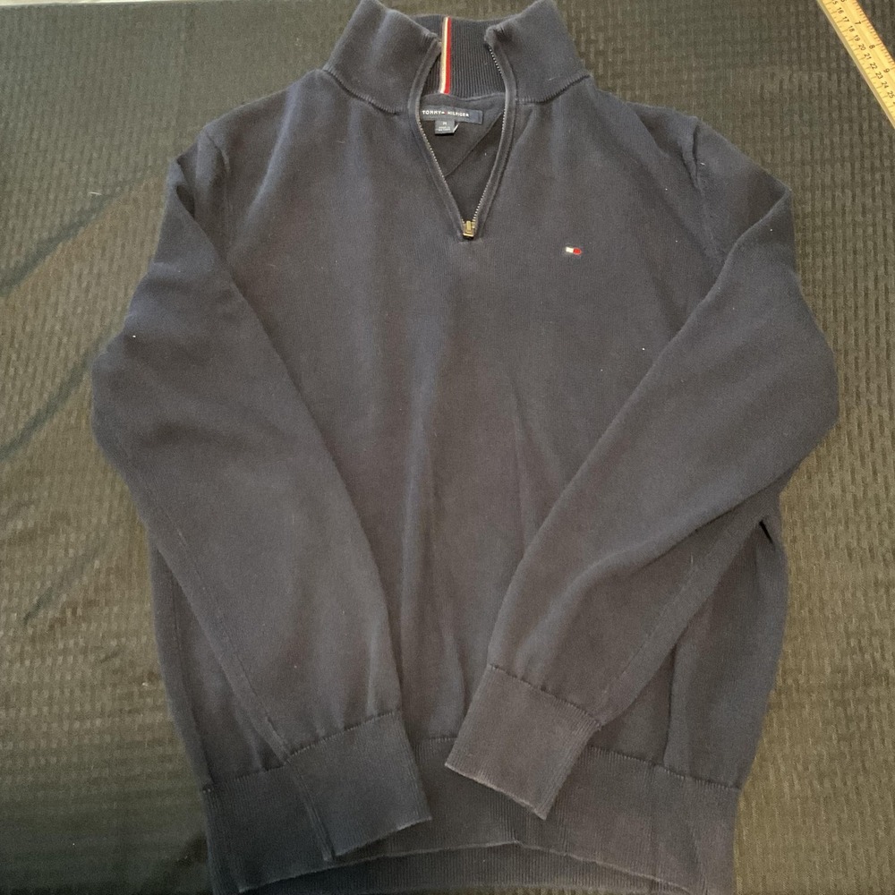 Tommy Hilfiger Sweater Pullover Mens Medium Navy Blue 1/4 Zip Mock Neck Cotton